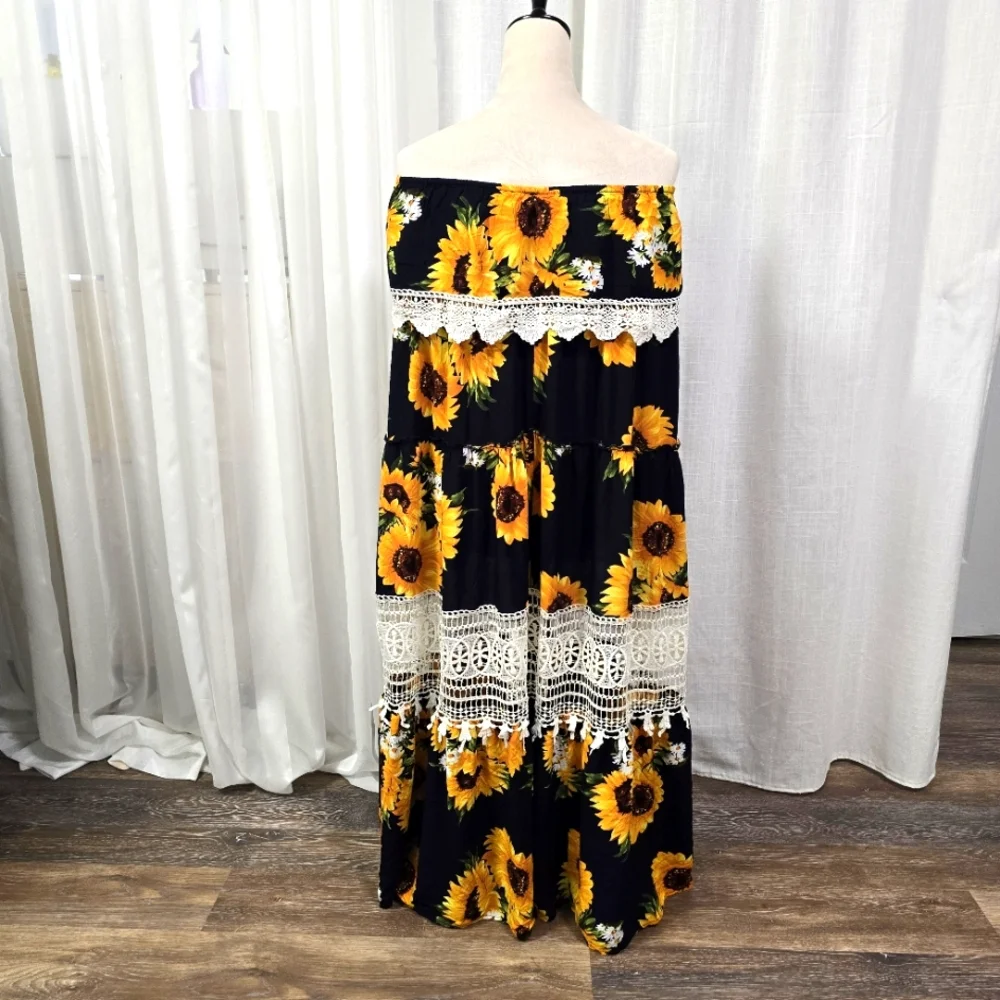 2/$30 Umgee Strapless Sunflower Sun Dress Sz S Oversize Boho Prairie Cottagecore